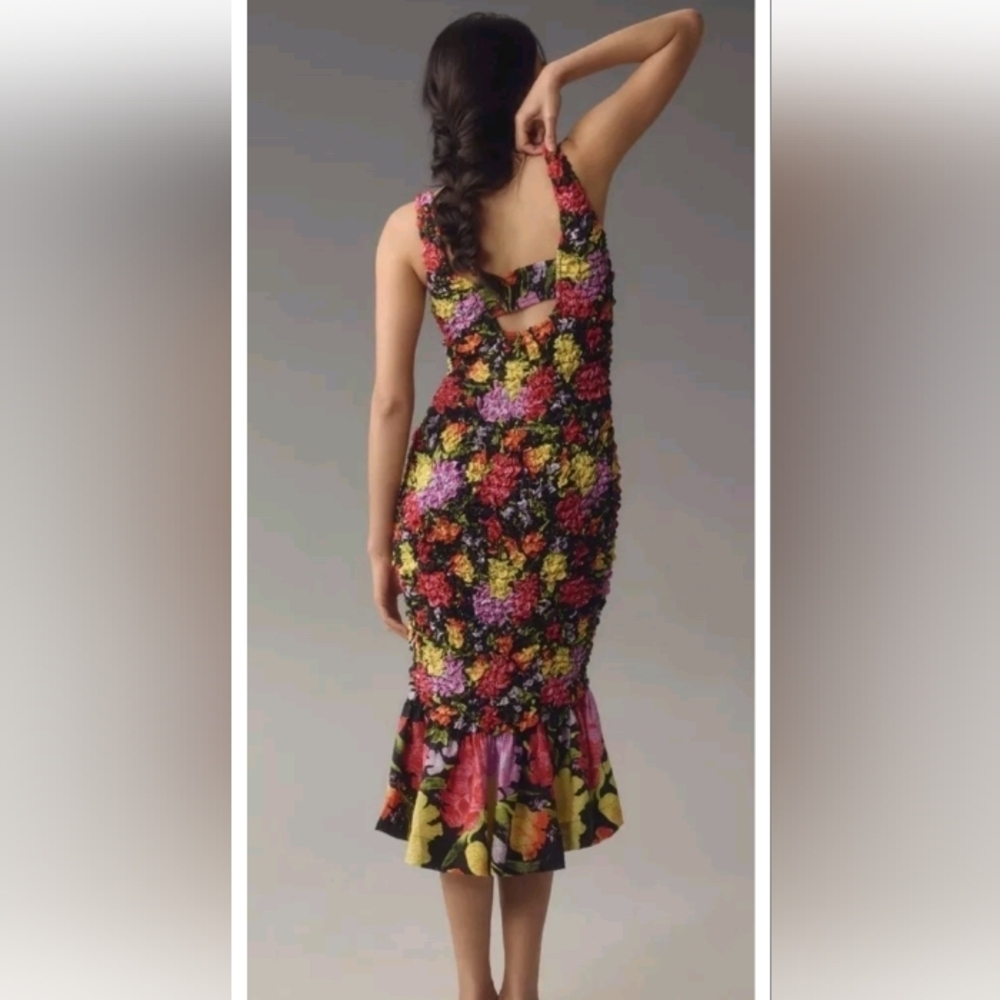 Anthropologie Yukiko Noritake Square Neck Pebble Smocked Midi Dress S/M